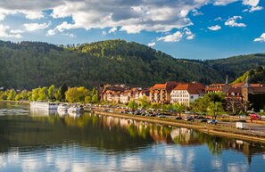 © Blick auf Eberbach: Das Flussland zwischen Stuttgart, Heidelberg und Würzburg ist maßgeschneidert für Erkundungstouren mit dem Rad. Foto: djd/Stadt Eberbach/A. Held